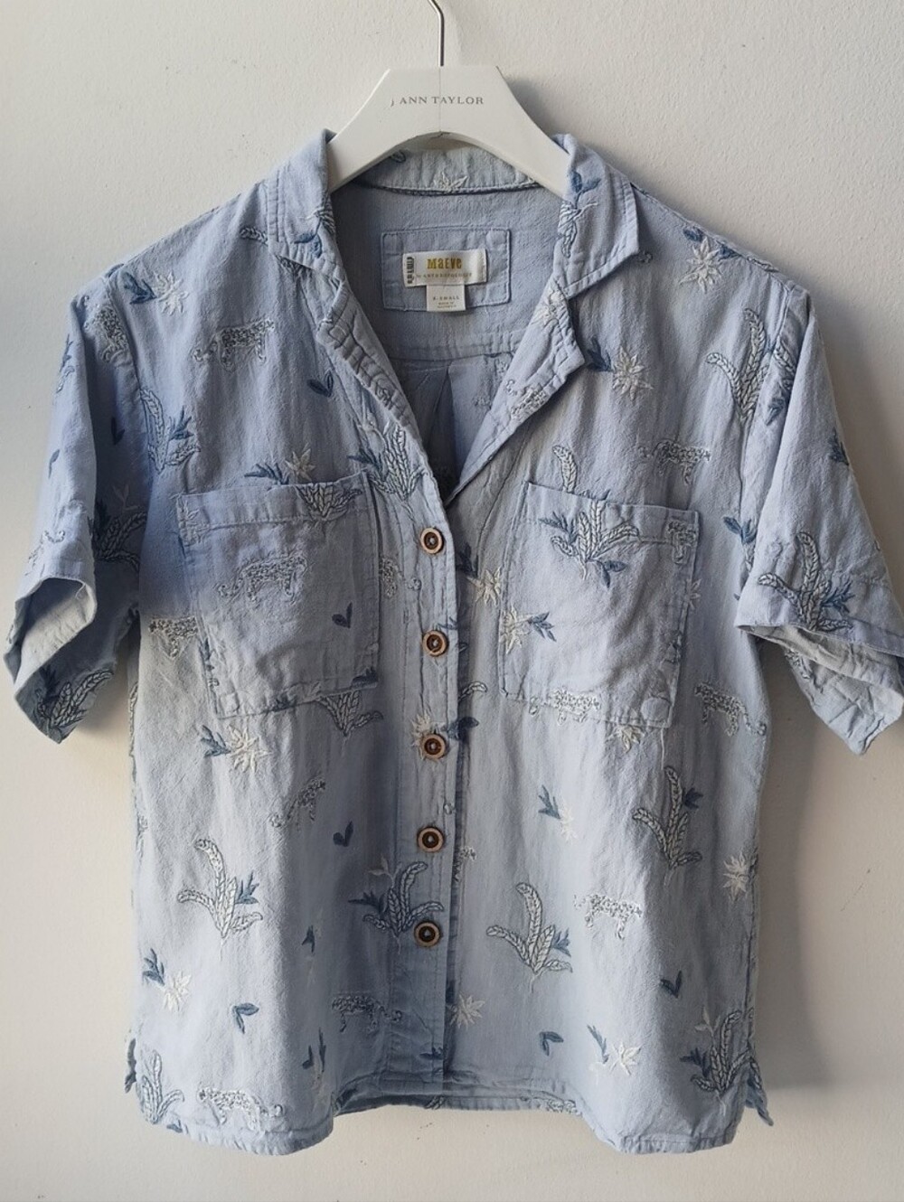 Maeve Embroidered Linen Cotton Camp Shirt Blue Women's XS